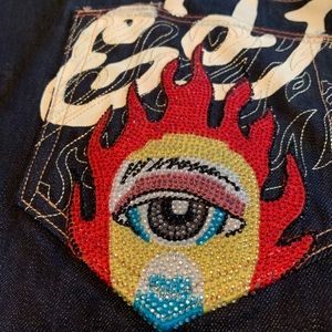Ed Hardy size 38 dark wash jeans beads flaming eye